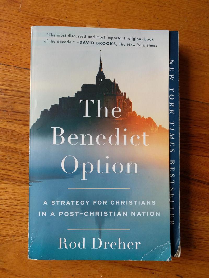Paperback copy of the book The Benedict Option by Rod Dreher