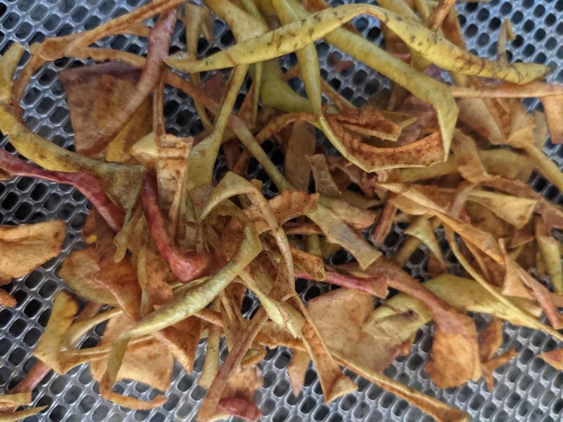 apple peel chips in a pile on a dehydrator tray