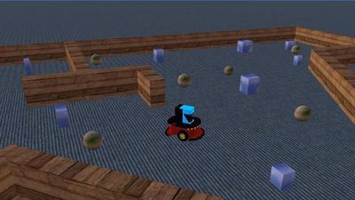 an animated robot driving in a virtual maze